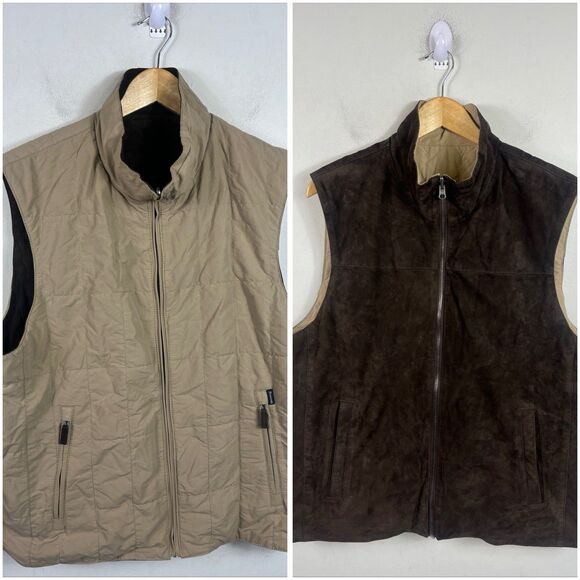 FACONNABLE Vest  XL Khaki Tan/Brown Leather Reversible Full Zip Quilted - Picture 1 of 10